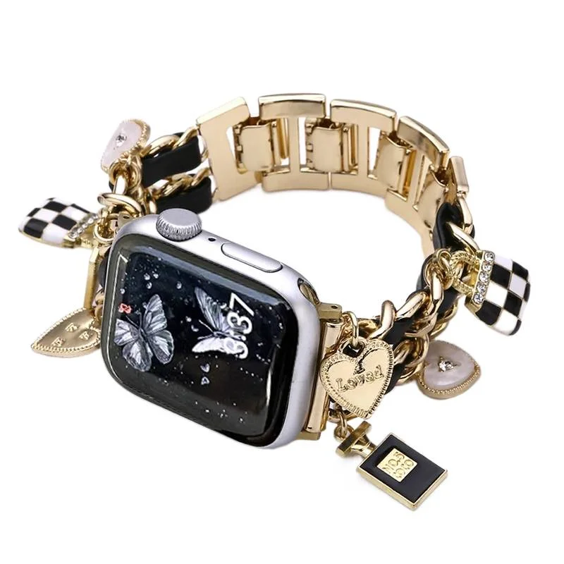 

Металлический + кожаный ремешок для Apple Watch Series 9 8 7 6 5 4 se, женский милый браслет для iWatch 41 мм 45 мм 38 мм 40 42 мм 44 мм, роскошный ремешок