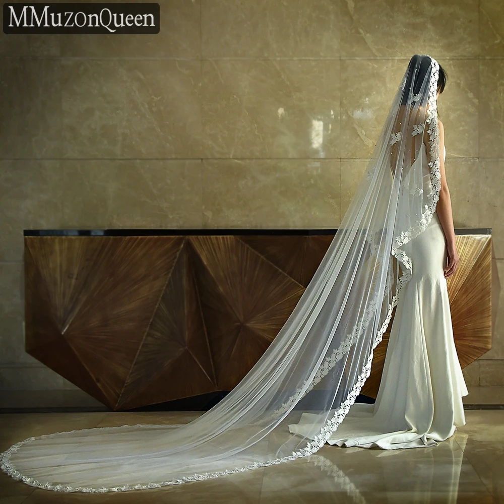 TOPQUEEN الزفاف الدانتيل طرحة زفاف لينة شريطة من الدانتيل اللؤلؤ الحجاب الزفاف كاتدرائية 1 طبقة اكسسوارات الزفاف للتخصيص M10