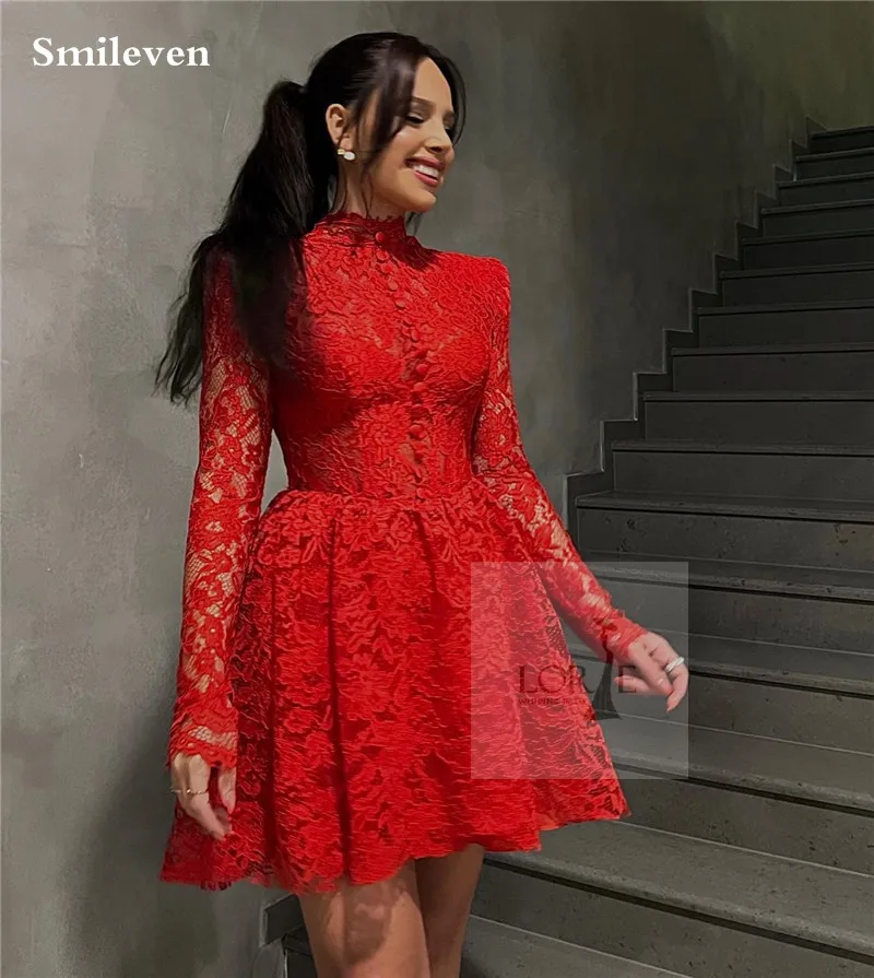 Smileven Lace Mini Red Cocktail Dress Long Sleeve High Neck vestidos de noche Sexy Formal Occasion Dresses Party Gowns 2023