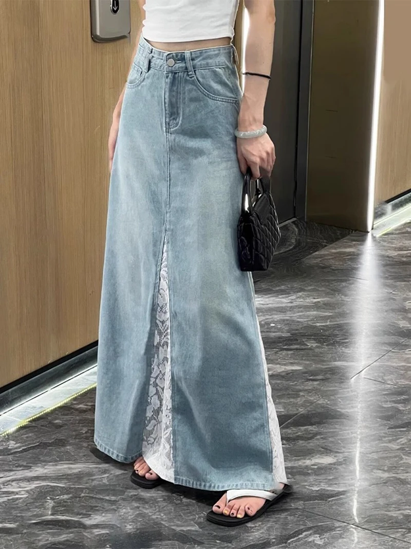 Female A-line Denim Skirt Korean Style Lace Patchwork Half Dress 2026 Spring New Retro High Waisted Casual Long Skirts