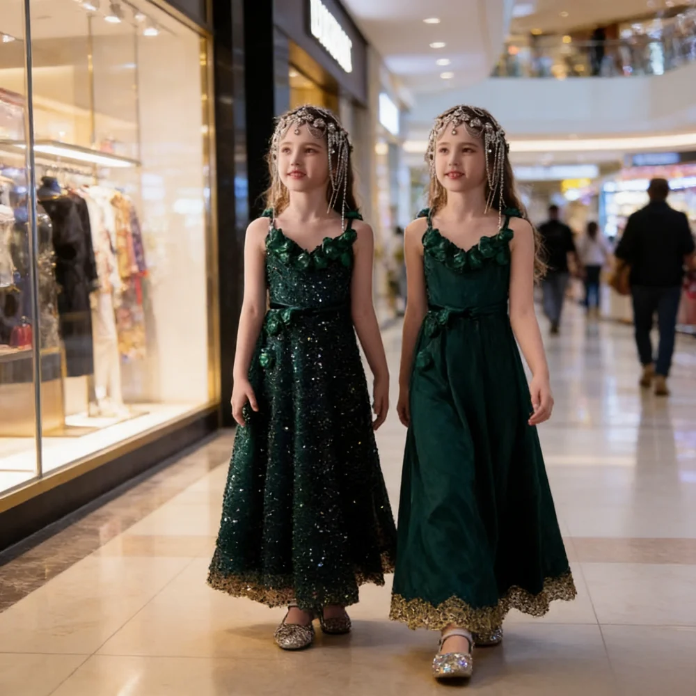 

Girls Forest Green Princess Dress Flower Children Birthday Party Host Formal Dresses Kids Girl Wedding Gown Piano Performance