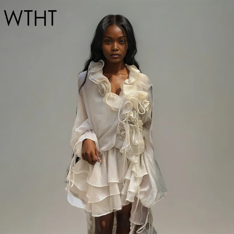 

WTHT Trendy Women Suit Solid Color Spliced 3D Flower Casual Shirt Elastic High Waist Loose Shorts Set Female 2025 Summer 1LS2119