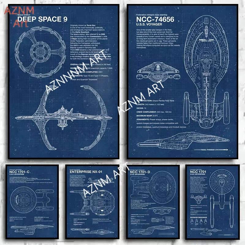 Star Trek Blueprints Canvas Prints Posters Deep Space 9 Voyager NCC Shenzhou Blueprint Pictures Canvas Wall Art for Home Decor