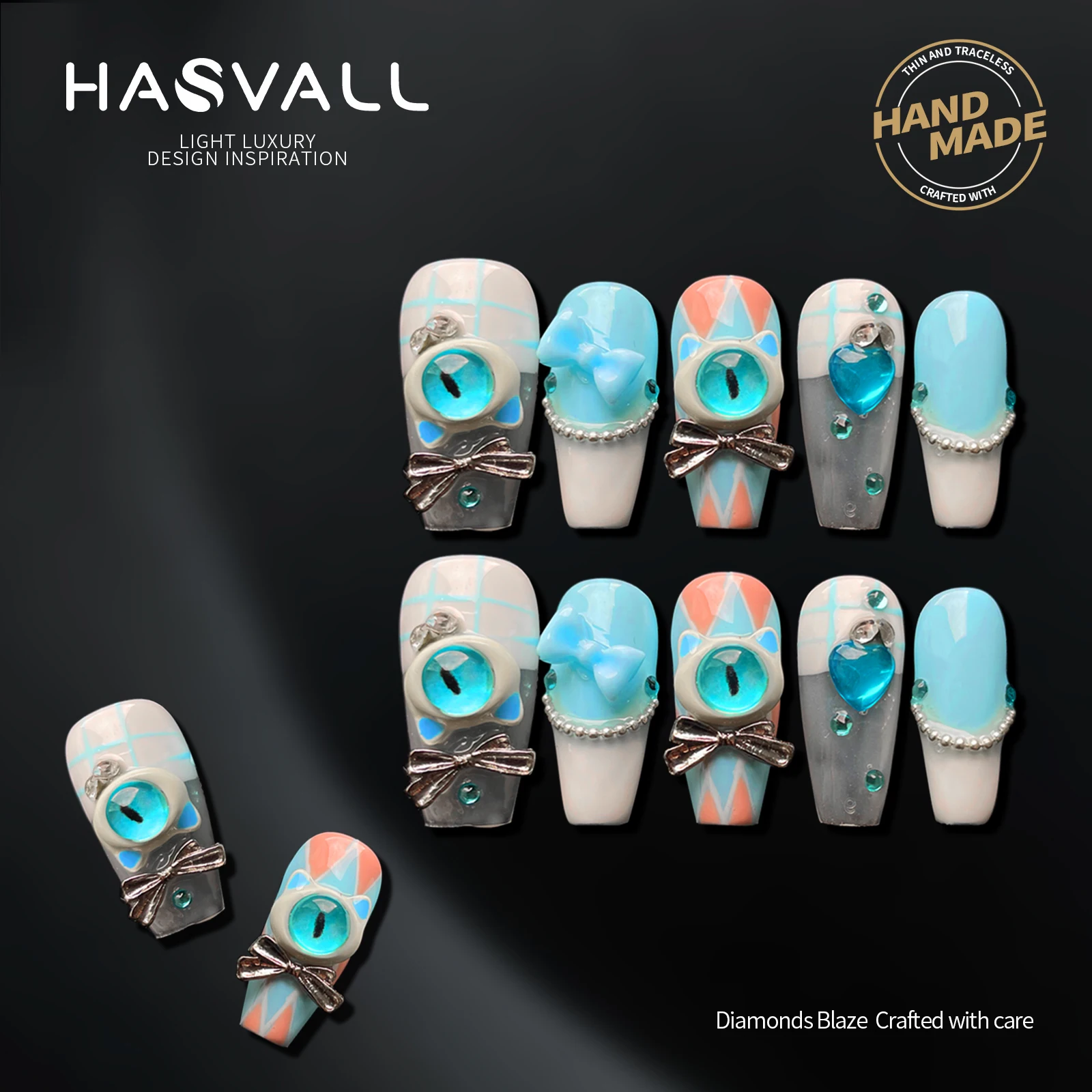 

HASVALL 3D Rhinesotne Medium Coffin Handmade Press on Nails Little Monster Kids Nail Art Blue White Y2K Design False Tips 10Pcs