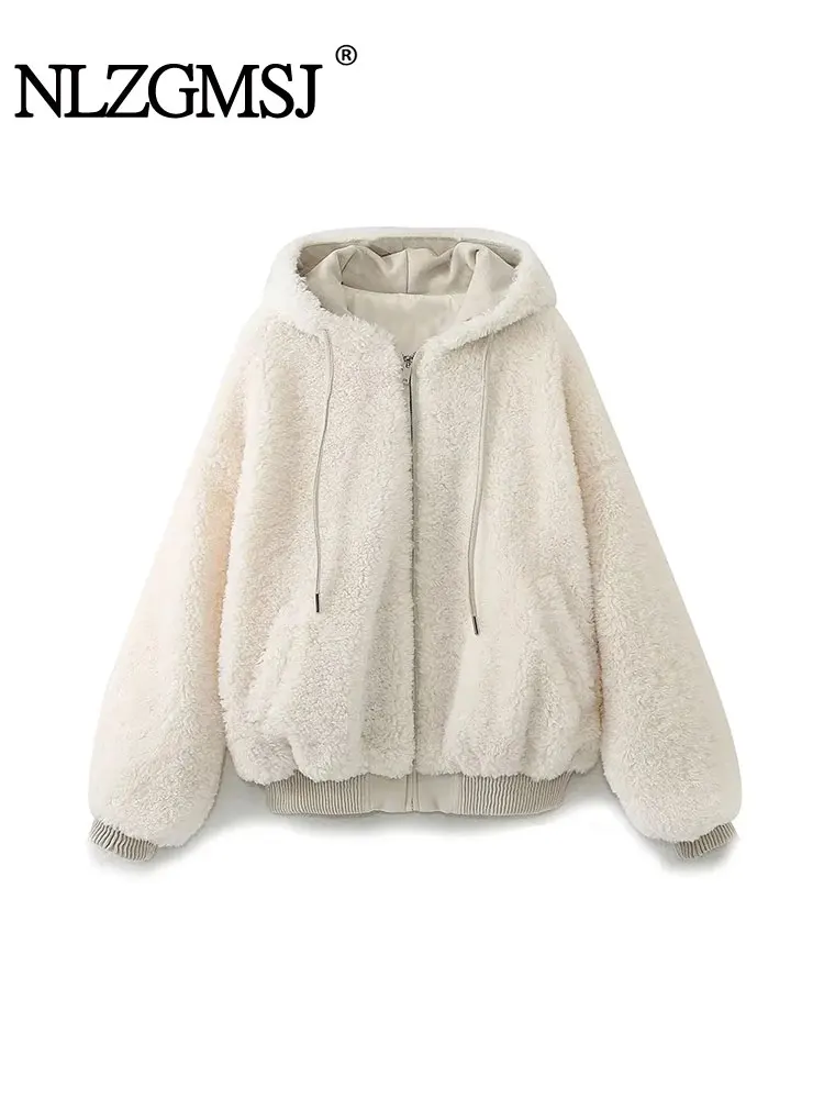 

Nlzgmsj TRAF Women Fashion Thick Warm Faux Fur Hooded Jacket Coat Vintage Long Sleeve Front Zipper Female Outerwear Chic Tops