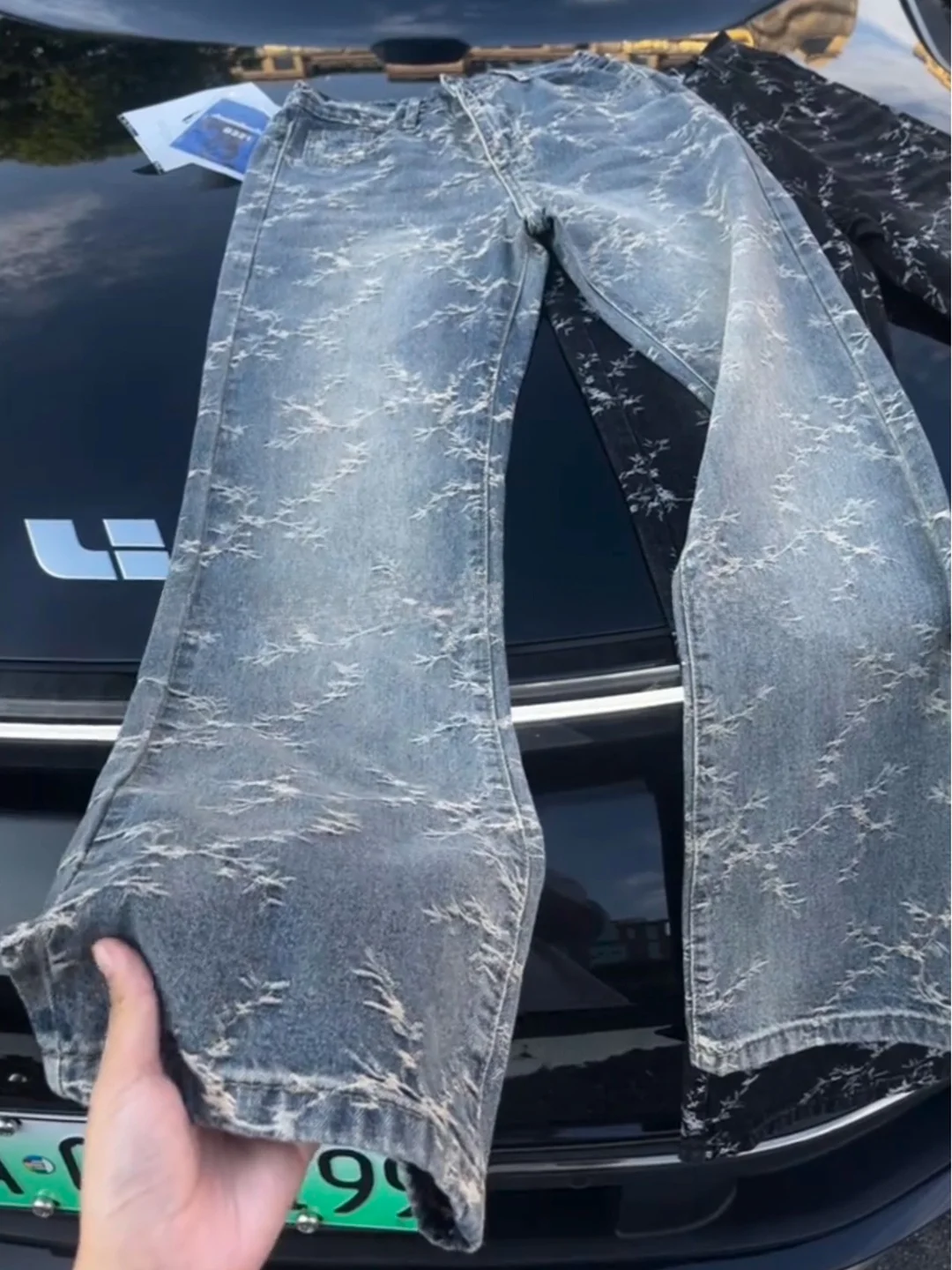 

American Heavyweight Thorns Print Men's Jeans Autumn High Street Cool Waed Micro Flared Straight Leg Pants