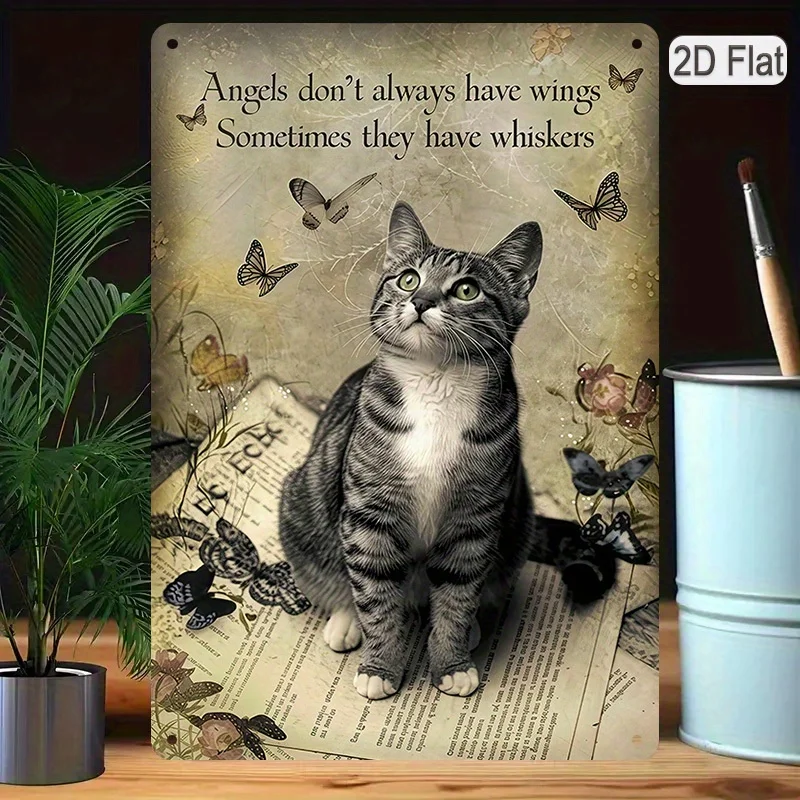 لافتات فنية مسطحة ثنائية الأبعاد للقطط الرجعية - "الملائكة لا تتطلب أجنحة، في بعض الأحيان لها شعيرات" - قطة مضحكة، فراشة