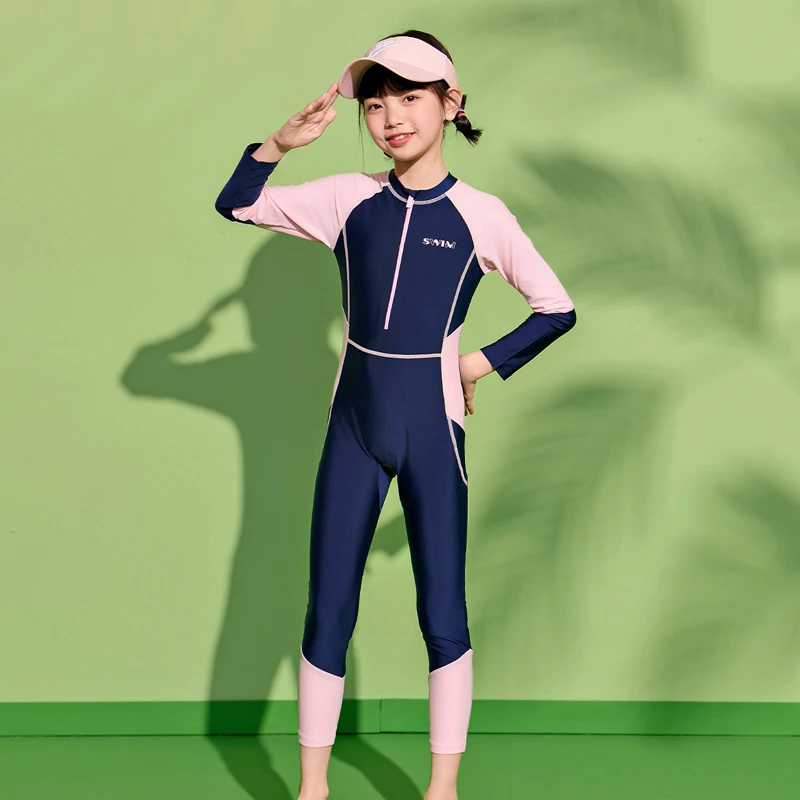 Girls Swimwear One Piece Long Sleeve Swimsuit Kids UV Protection Front Zipper Children Surfing Swimming Suit Summer Beachwear - view 5