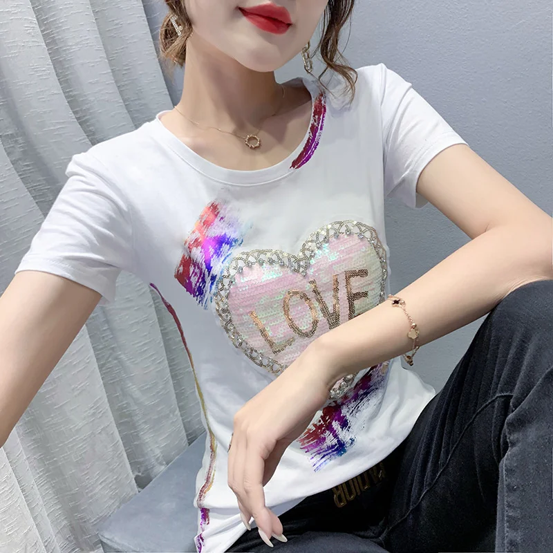 #7102 Blue White Pink Cotton Casual T Shirt With Sequins Slim Streetwear Short Sleeve T-shirt Women Summer T Shirt For Girl