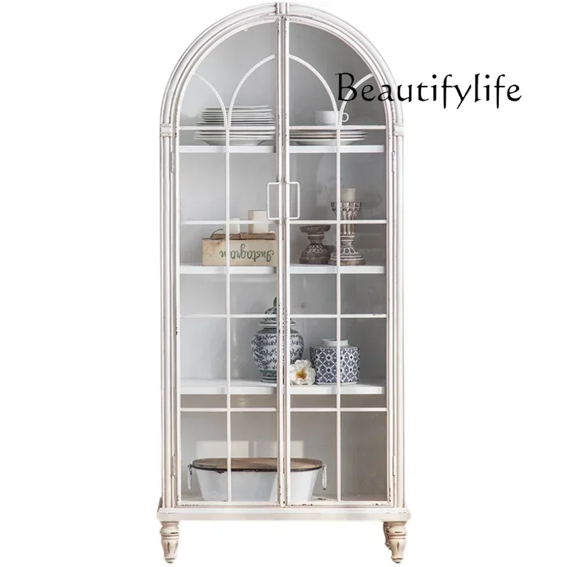 French retro wine cabinet solid wood against the wall display living room dining room storage multi-layer white arched bookcase