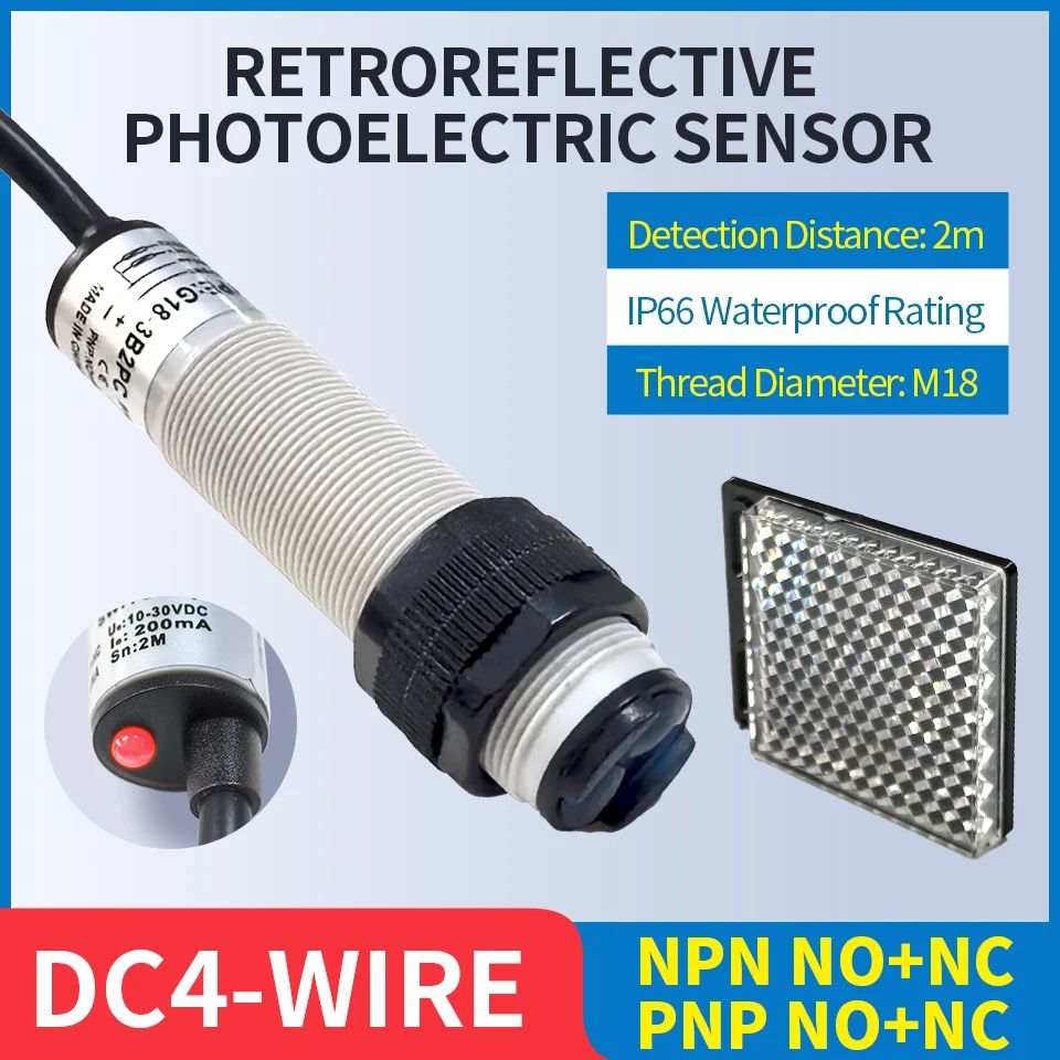 M18 tipo retrorrefletivo pnp no + nc dc 4 fios interruptor fotoelétrico sensor de fotocélula infravermelha com refletor de espelho distância 2m