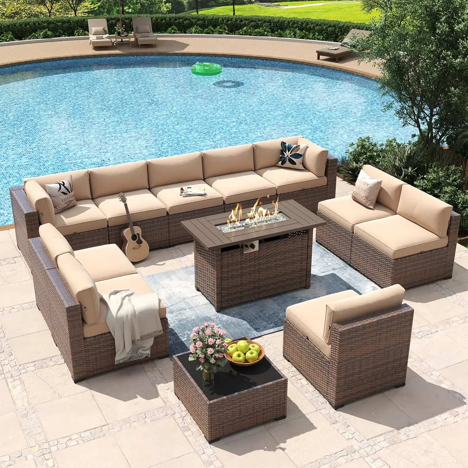 

12 Piece Patio Furniture Set With 44” Fire Pit Table Wicker Rattan Outdoor Sectional Sofa Set With Coffee Table And, Customized