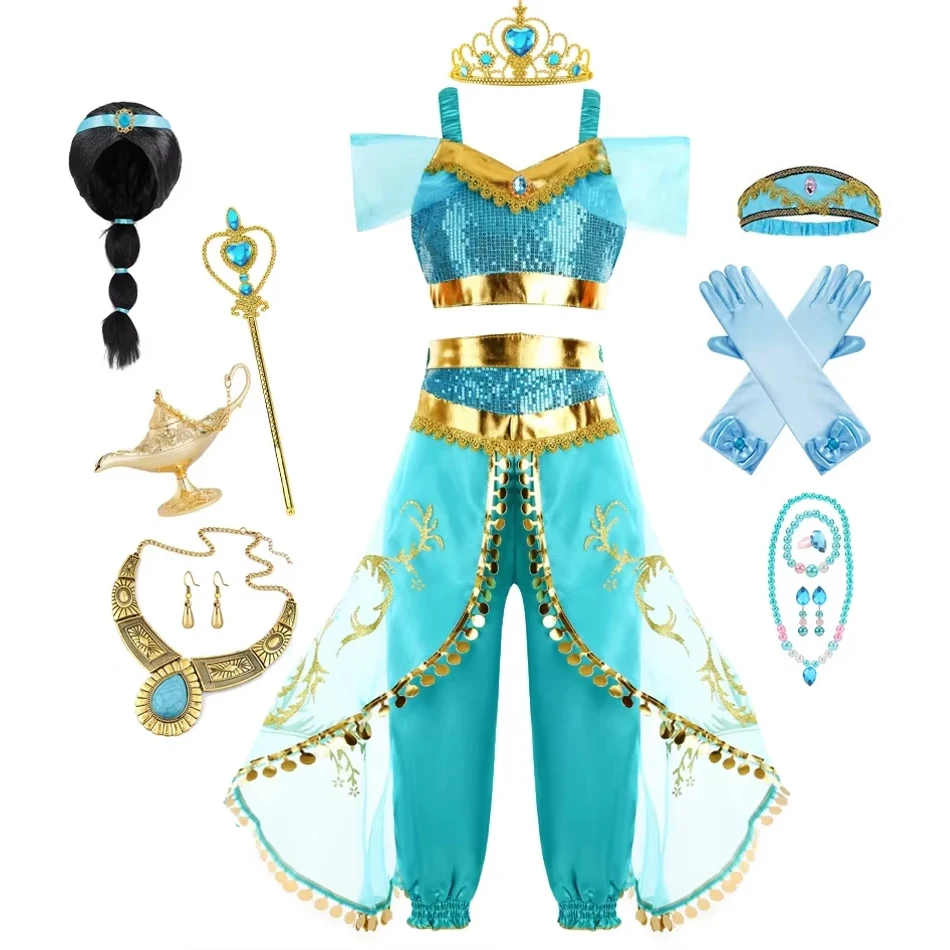 Girls Jasmine Costume Arabian Princess Dress Kids Birthday Party Christmas Fancy Dress Baby Jasmine Cosplay Clothes 2-10 Years