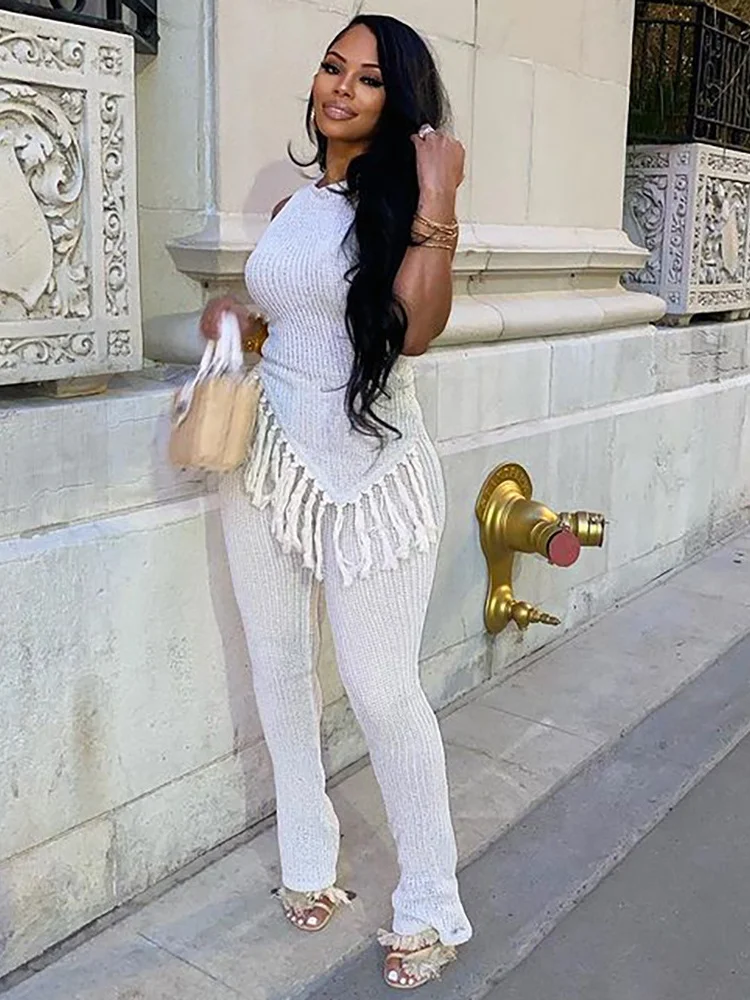 

Sister Star Women Fashion Casual Irregular Fringe Sleeveless Undershirt Top High Waist Pants Suit Wholesale Street Two-piece Set