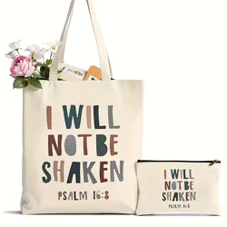 2Pcs Christian Bible Verse I Will Not Be Shaken Inspirational Tote Bag, Large Capacity Shoulder Bag, Women's Casual Handbag