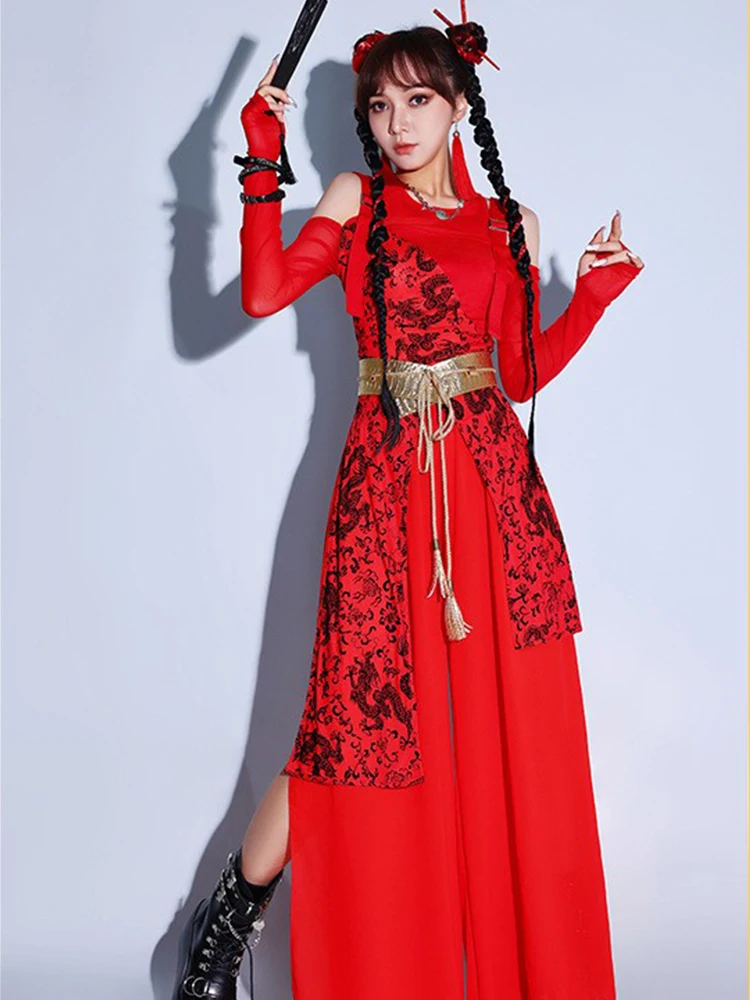 Red Jazz Dance Outfit Women's Set Drumming Costume Kpop Girl Group Performance Wardrobe Chinese Traditional National Stage Co...