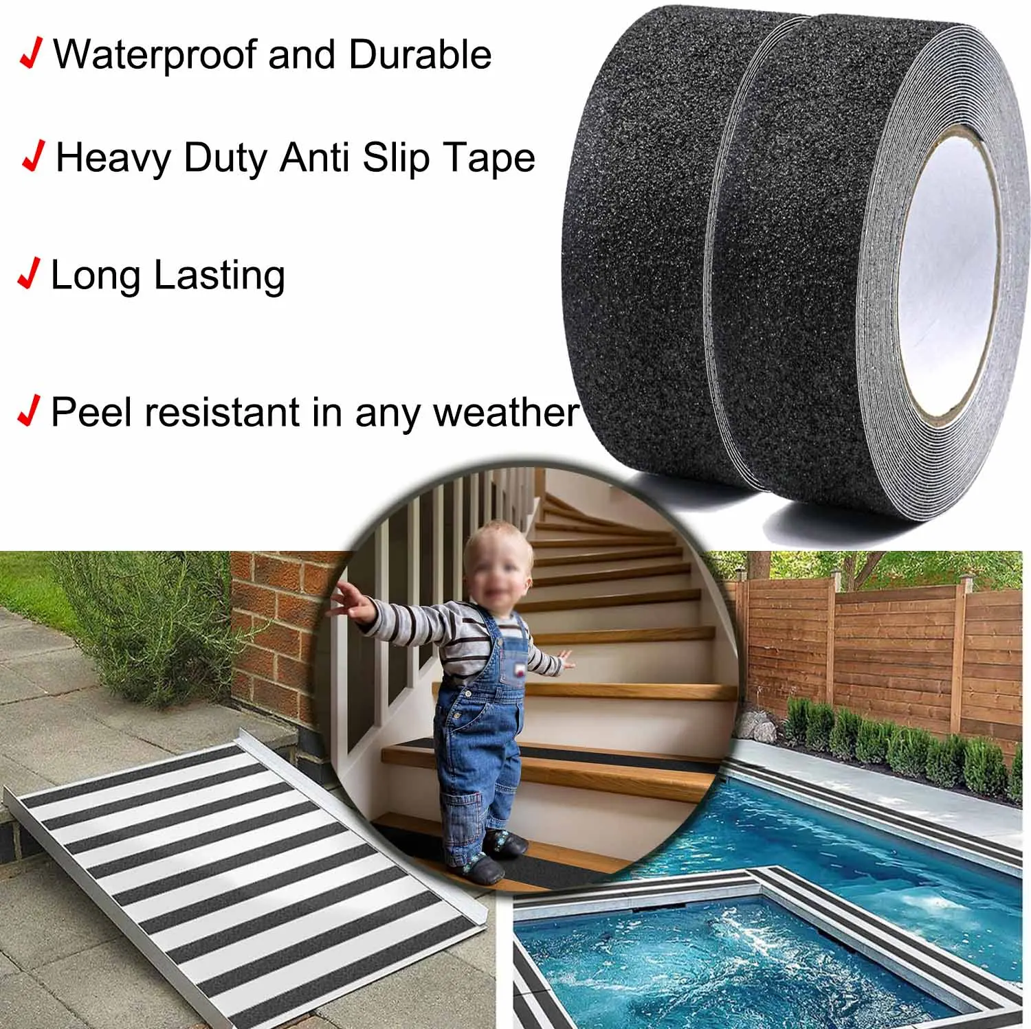 5/10M Heavy Duty Anti Slip Tape Waterproof Outdoor Grip Tape For Stair Steps Ramp Skateboards Adhesive Non Slip Strips BLACK