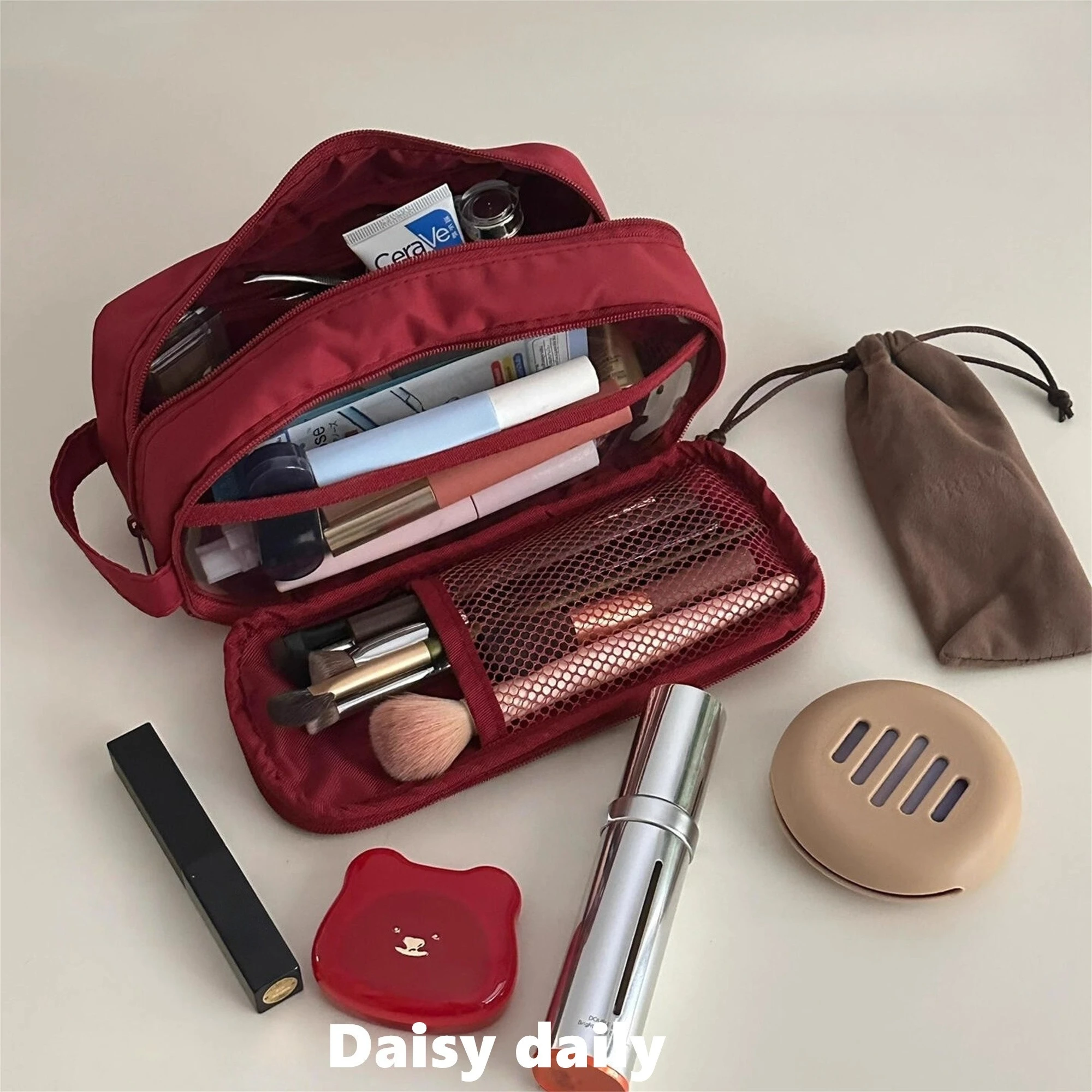 Bolsa de cosméticos de camada dupla, organizador de maquiagem de nylon para viagem, bolsa de higiene pessoal de grande capacidade, estojo multifuncional para lápis, suporte para pincéis