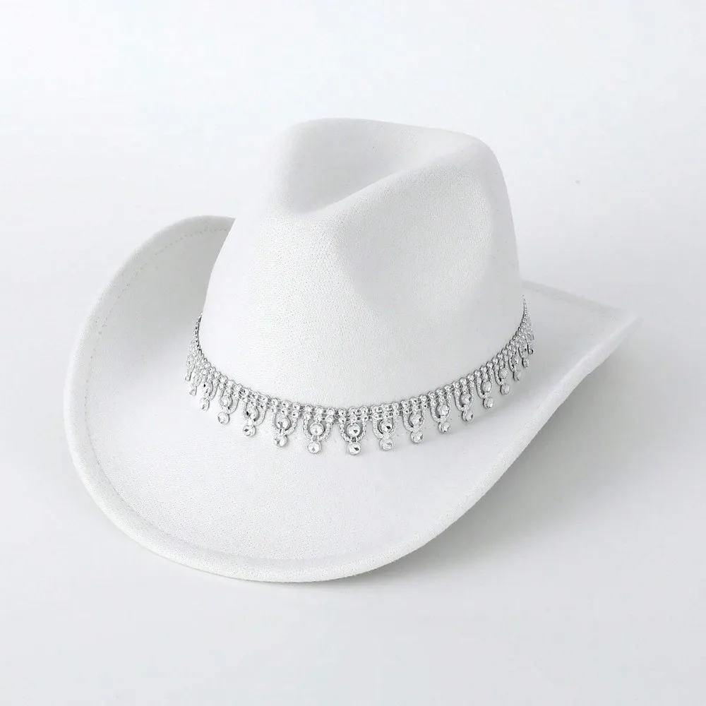 Sparkling Western Cowboy Hat Curved Wide Brim Non-Elastic Felt Fedora Hat Breathable Rhinestone Decoration Top Hat