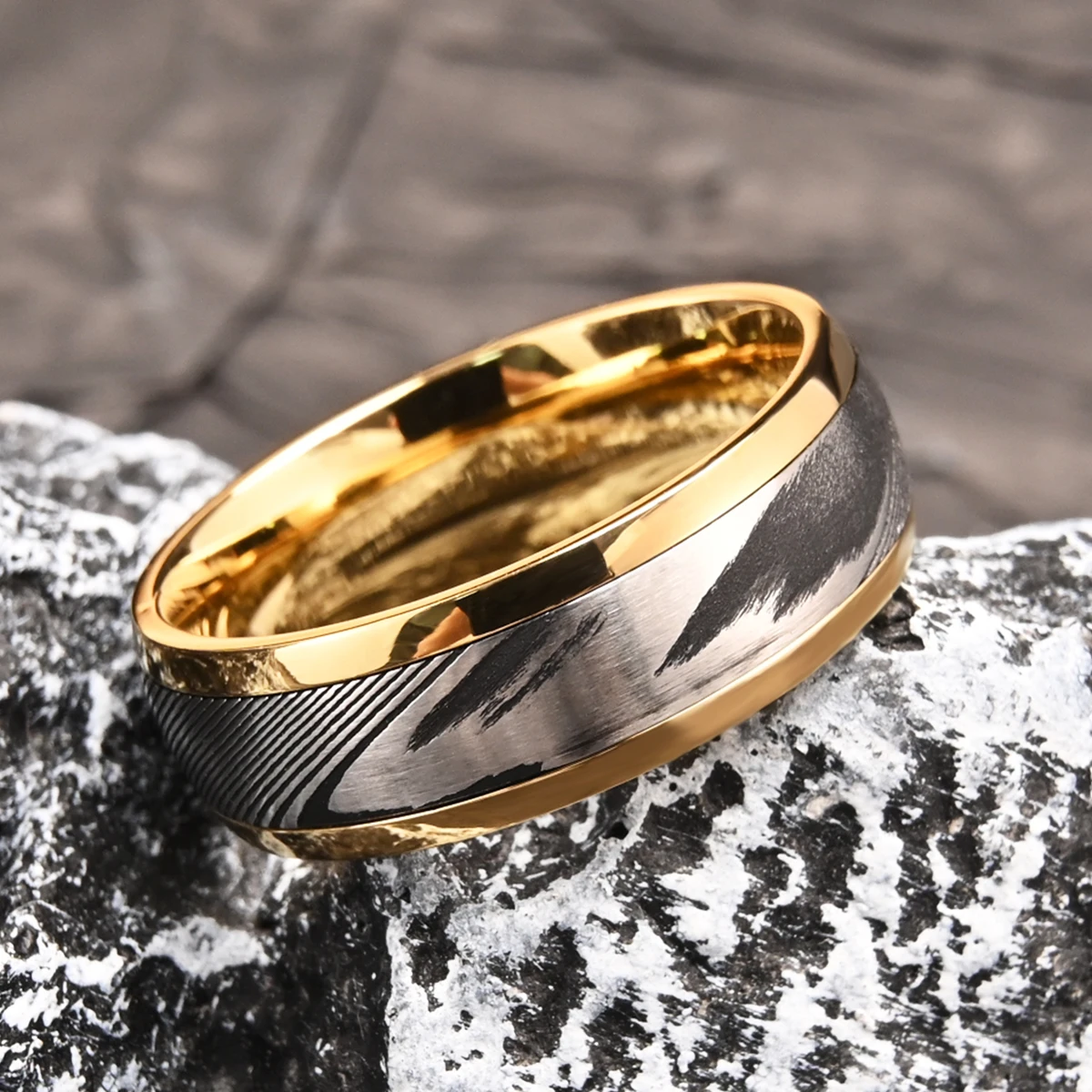 8MM Goldfarbener Damaszener Stahlring für Herren, Modeschmuck, Herren-Eheringe, Verlobungsringe, Versprechensringe, edle Geschenke, bequemer Sitz – Detail 7