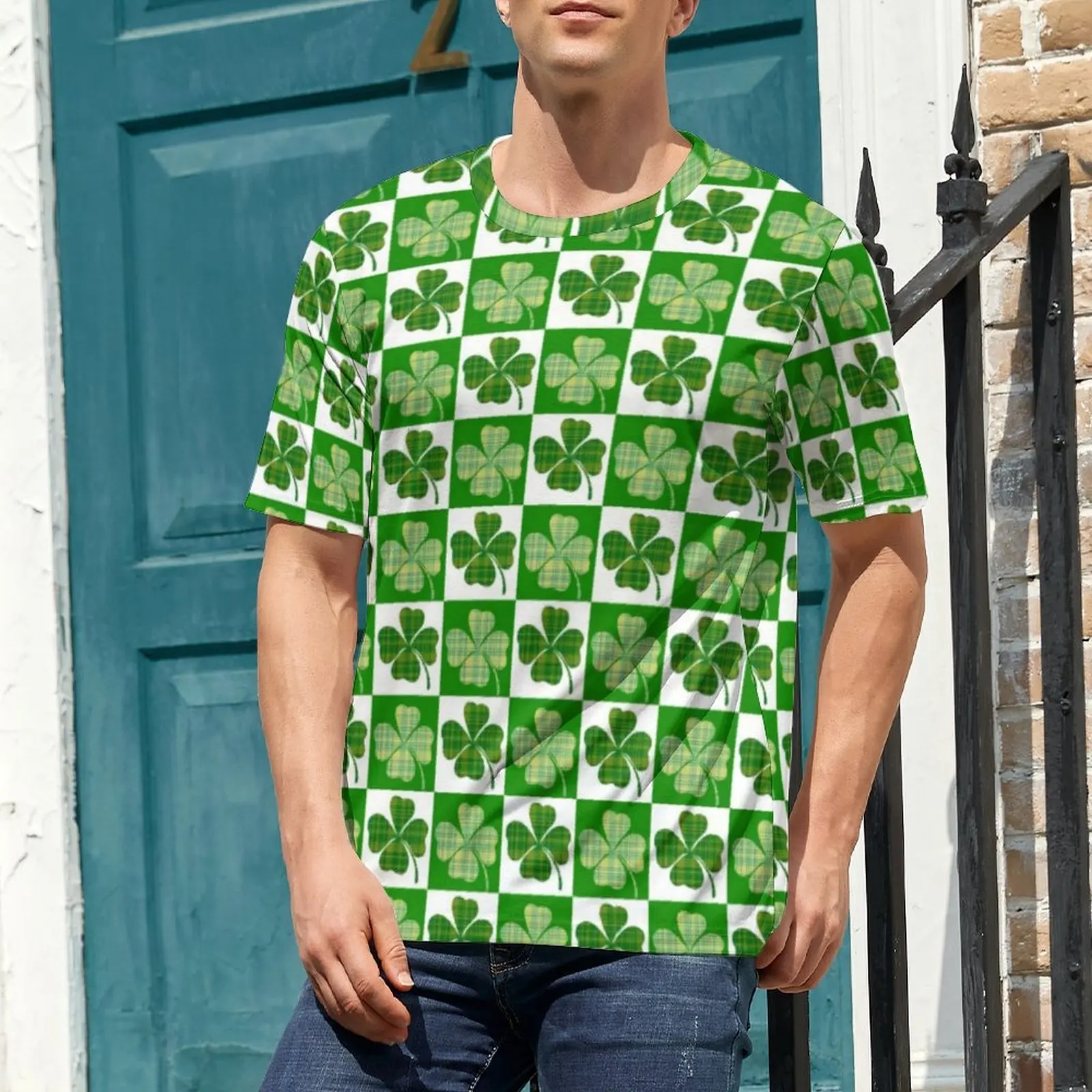 Cute Shamrock T-Shirt Checkerboard Print Fashion T-Shirts Men Street Style Tshirt Summer Short-Sleeve Graphic Clothing Plus Size