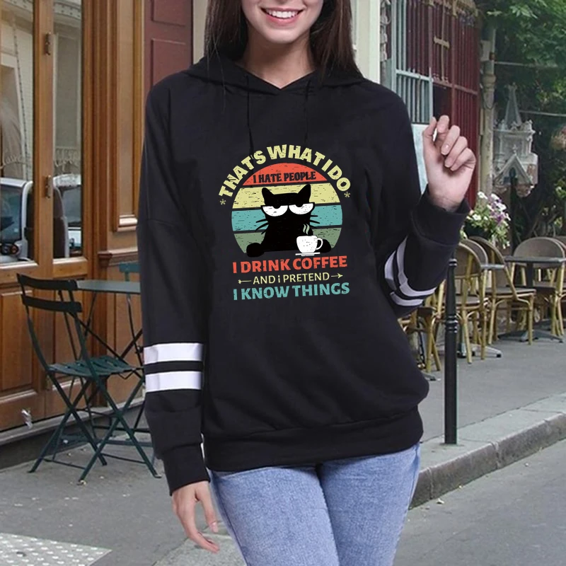 

Autumn Womens Hoodie Long-Sleeved Lazy Style Cat Top Daily Striped Slim Fit Sweatshirts Solid Color Versatile Casual Tracksuit
