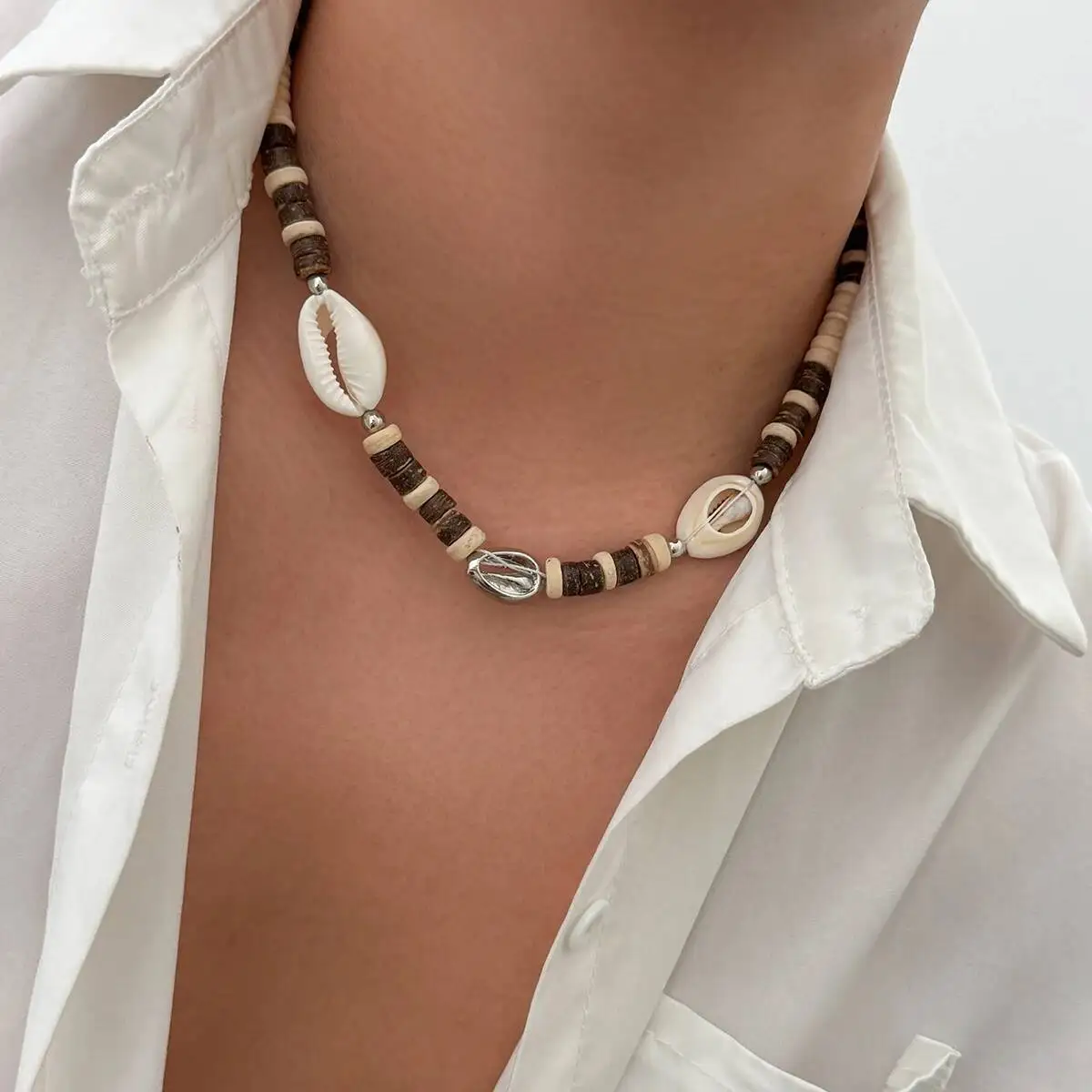 Ingemark Boho coquille de noix de coco perles en bois conque perles chaîne collier pour hommes été plage Vintage réglable tour de cou bijoux quotidiens