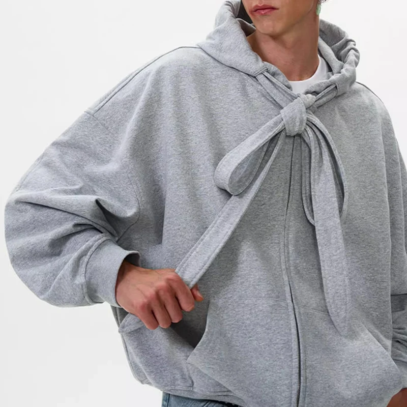 Y2K Style Mens Hoodies Vintage Lace-up Design Zipper Hooded Jackets Men Streetwear 2025 Spring Autumn Casual Solid Color Hoodie