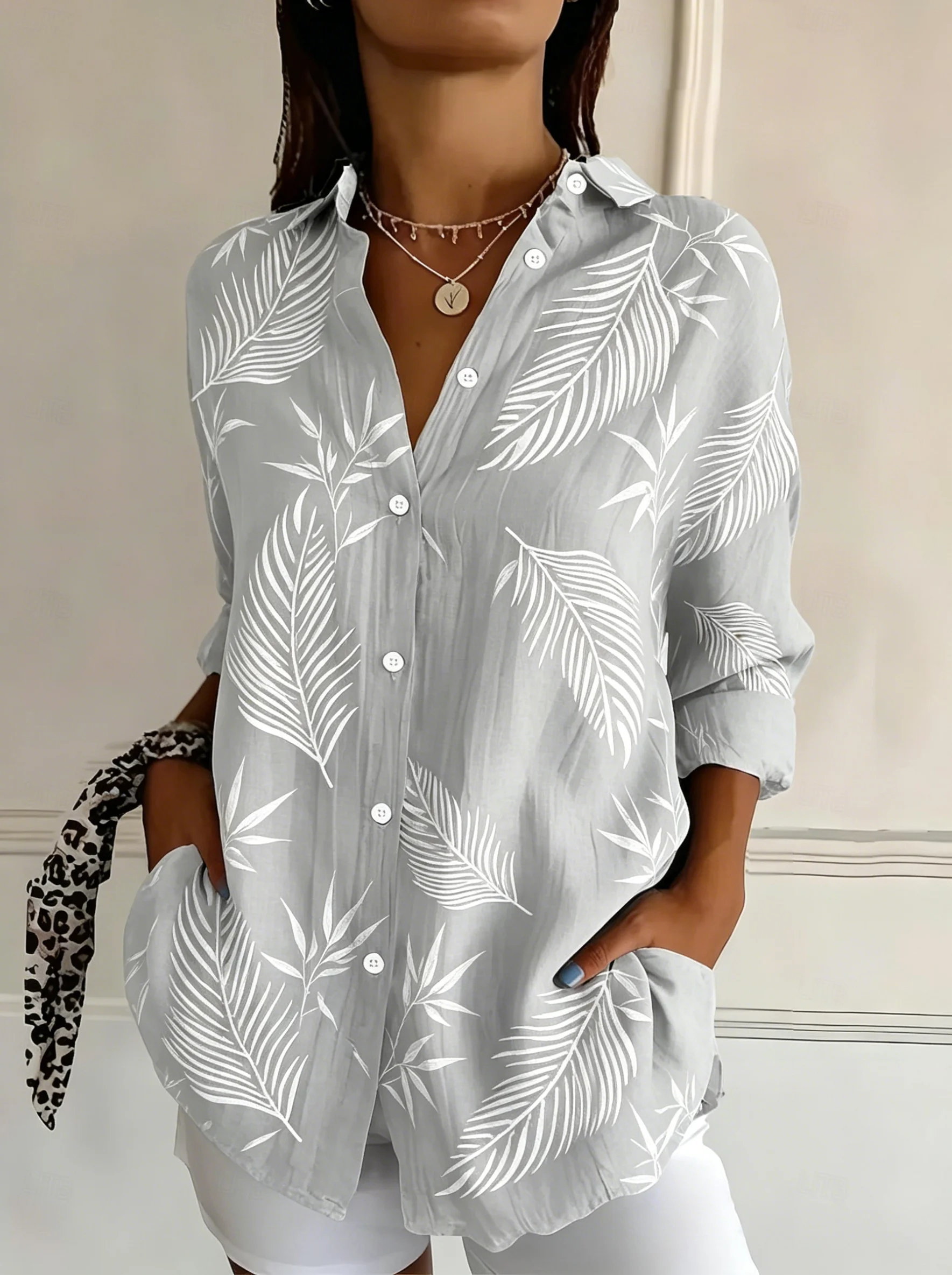 

Women's Long Sleeve Palm Leaf Print Button Down Casual Shirt Elegant Daily Blouse Tops in Gray for Spring Summer