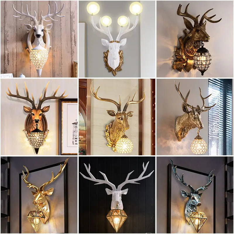 Lucky antlers deer head wall lamp American country retro style living room bedside decoration bedroom bar craft wall lamp