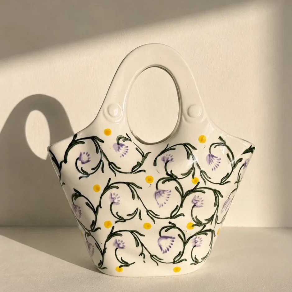 Large-diameter ceramic vase retro handbag flower vessel high-end tabletop decoration entryway living room floral arrangement