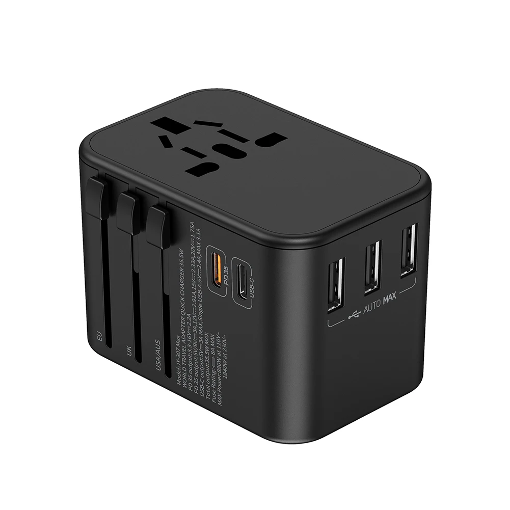 Universal Travel Adapter Powerful 35.5W AC Plug Adaptor with PD & QC 3.0 USB-C USB-A AC Power Plug Adapter for USA EU UK AUS