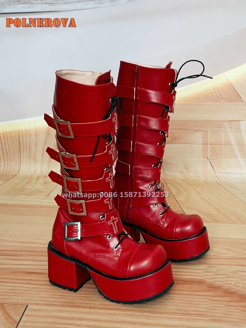 Platform Belt Buckle Zipper Red Knee High Boots Round Toe Chunky Heels Cross Tied Punk Motorcycle Boots Plus Size 2024 Trend