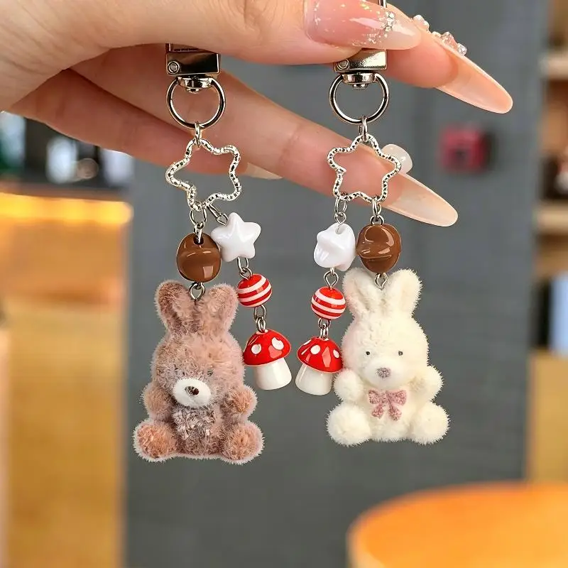 Cute Plush Bunny Keychain With Star Mushroom Pendants Soft Touch Purse Hanging Decor for Graduation Gift Giving