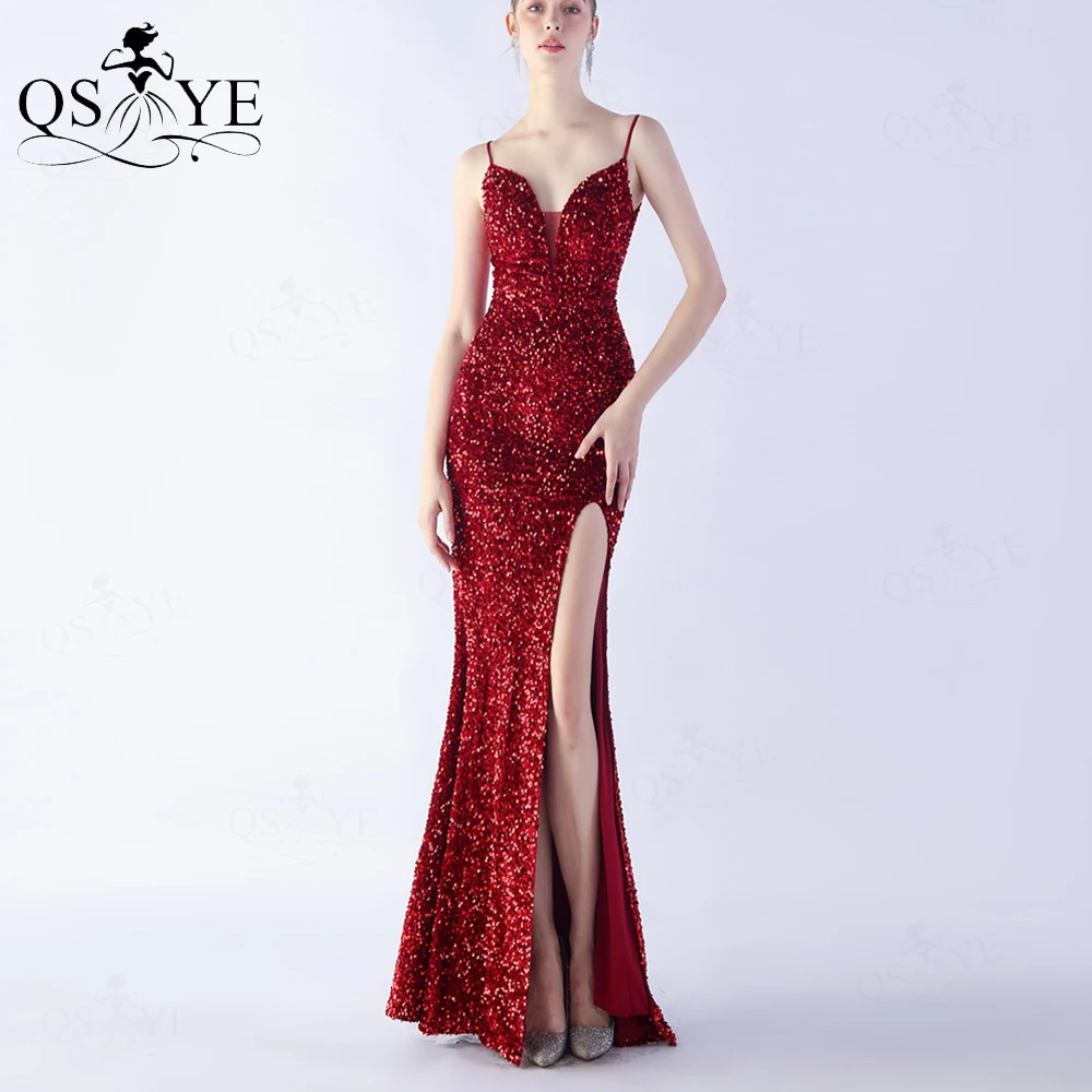 

Sparkle Sequin Red Evening Dresses Velvet Fitted Mermaid Prom Gown Glitter Shiny Spaghetti Straps V neck Open Slit Party Dress