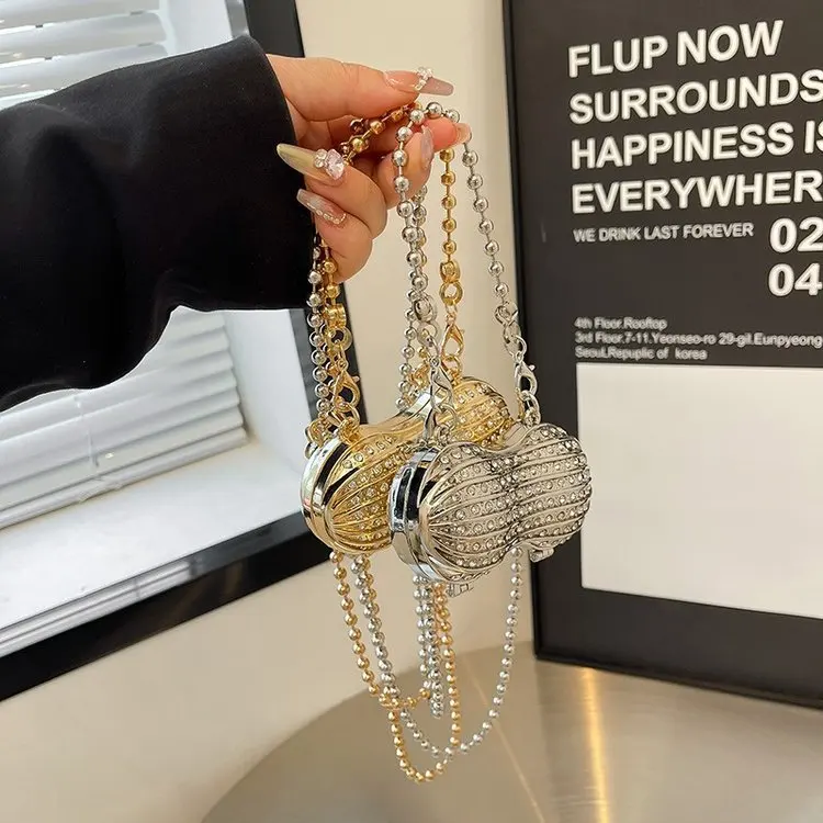 Luxury Diamond Inlay Peanut Shape Crystal Clutch Purse Stones Evening Wedding Party Shoulder Bag Handle Rhinestone Mini Handbags