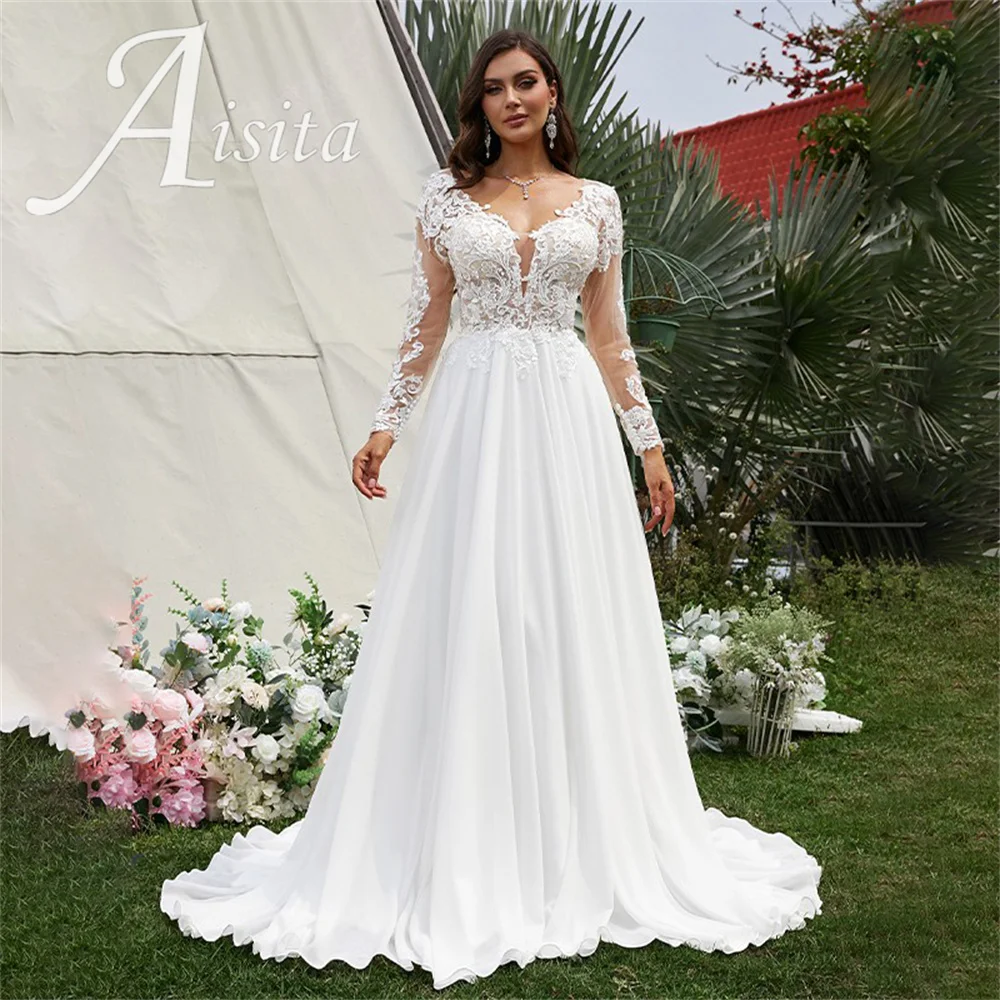 Princess A-line Bride Dresses V Neck Long Sleeves Sweep Train Chiffon Wedding Dresses For Woman Wedding Dress Vestidos De Novia