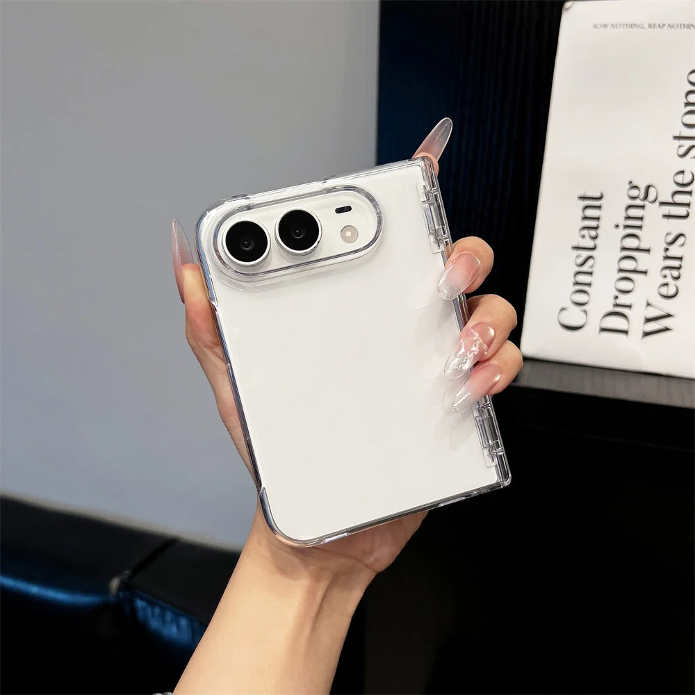 Ins Pure White Back Phone Case For iPhone Duo Clear Transparent Border Full‑Hinge Cover Fashion Style Protective Back Cover