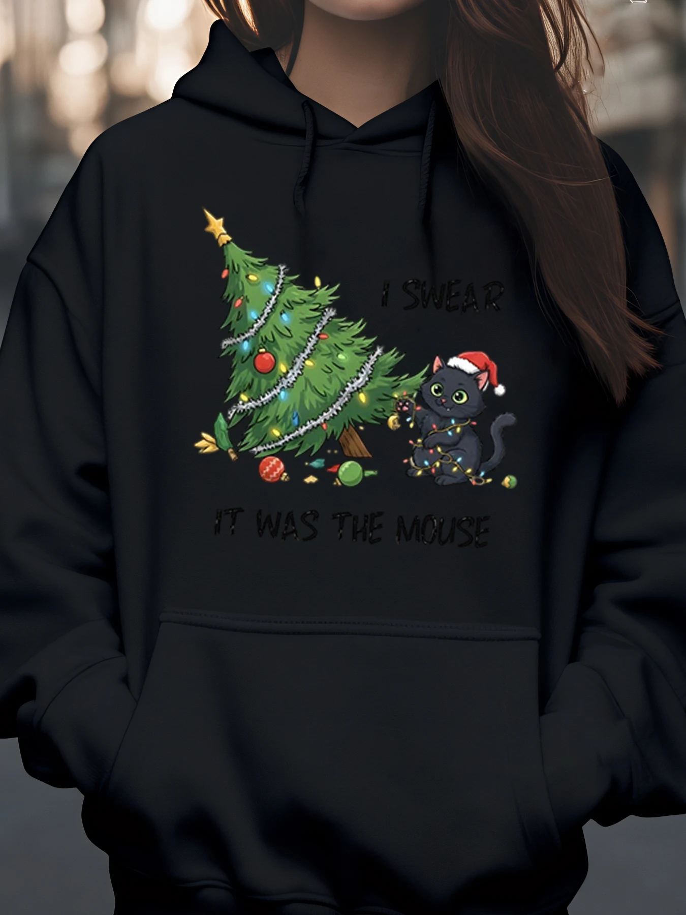 

Толстовка с капюшоном с принтом «Котя рождественская елка, которую я рождаю это была мышь», праздничная повседневная одежда для женщин