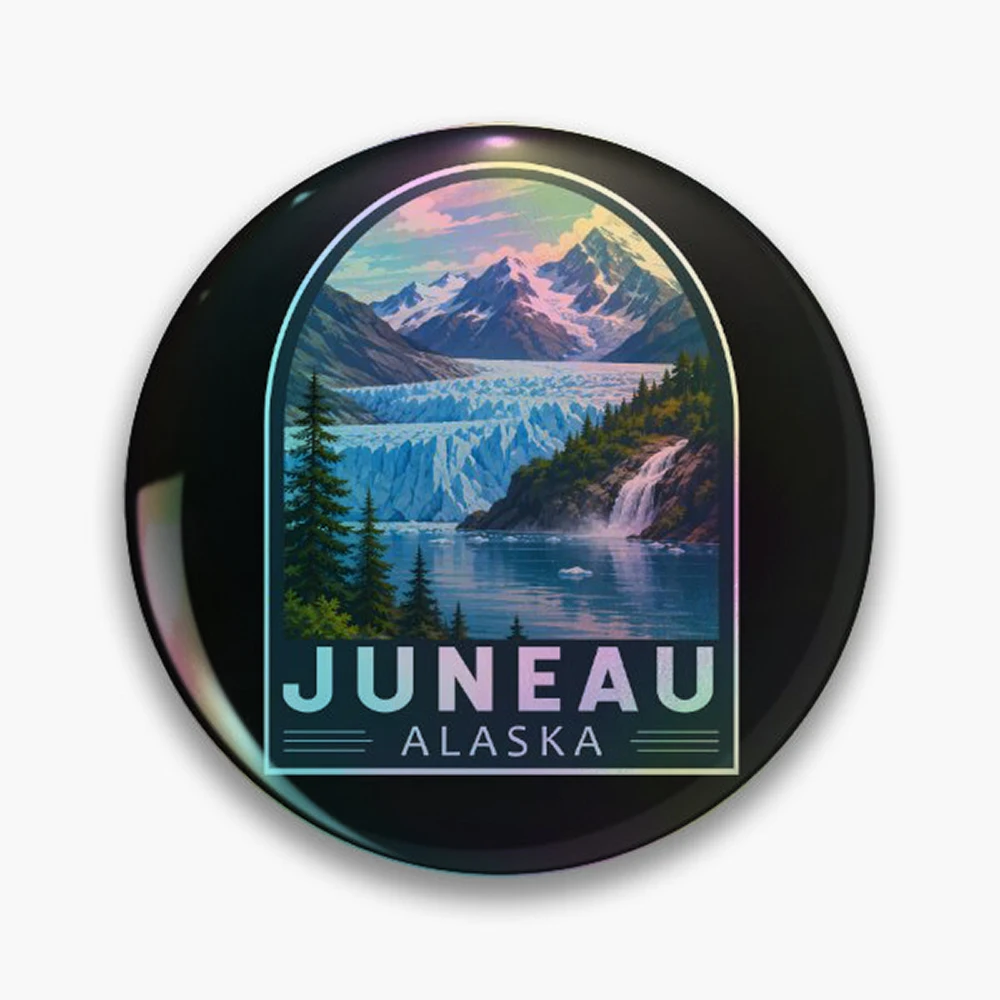 Juneau Alaska Travel Art Emblem Pin Holographic Star Heart Pin Brooches Laminated Button Fashion Accessory