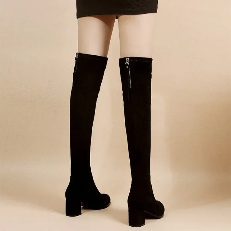 Faux Suede Female Heels Autumn Zipper Elastic Knee-high Boots for Women Tube Lace-up Thigh Gigh Boots Black Botas Mujer