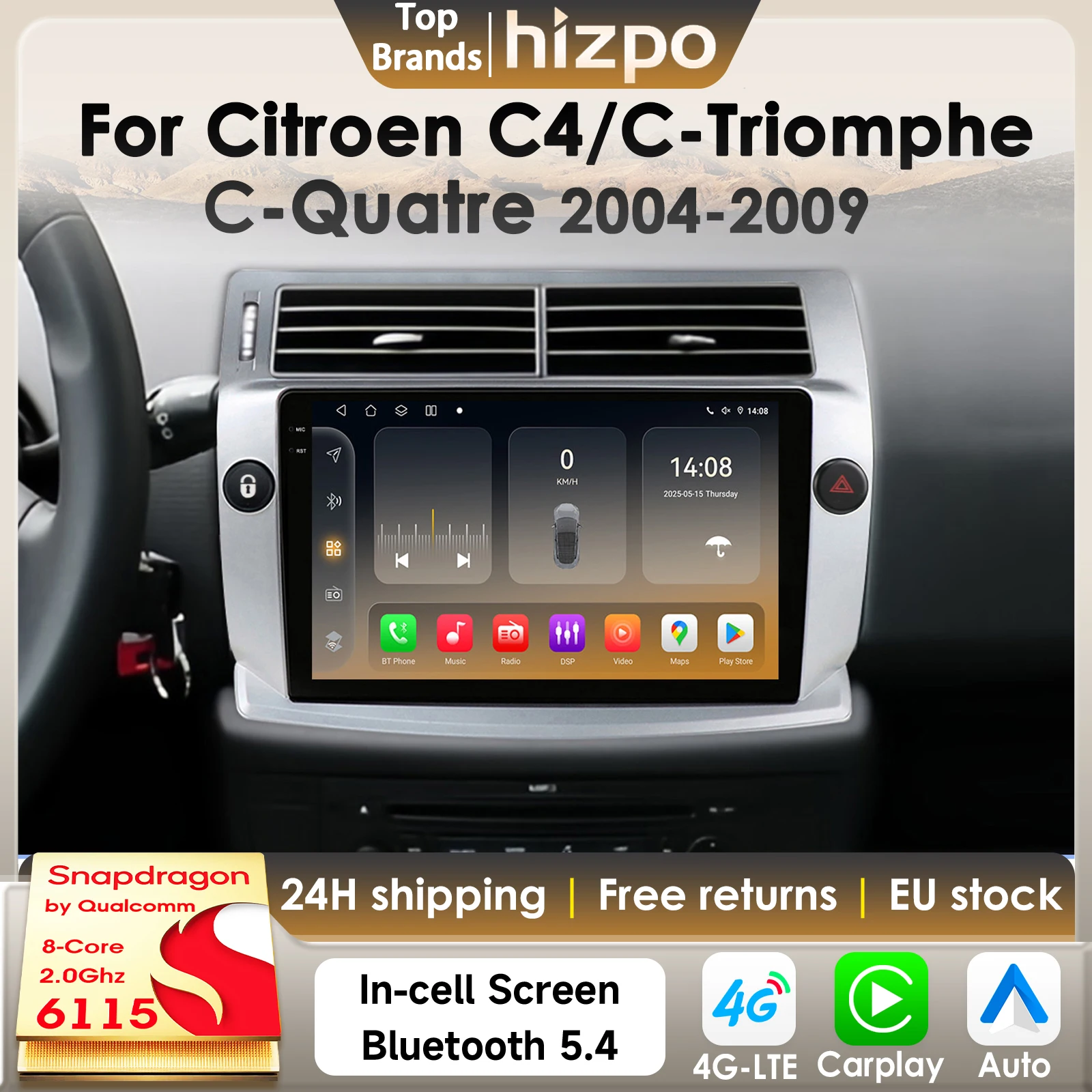 Hizpo 8Core 2Din Android14 Für Citroen C4 C-Triomphe C-Quatre 2004-2009 Auto Multimedia GPS 4G Carplay von Qualcomm Snapdragon6115