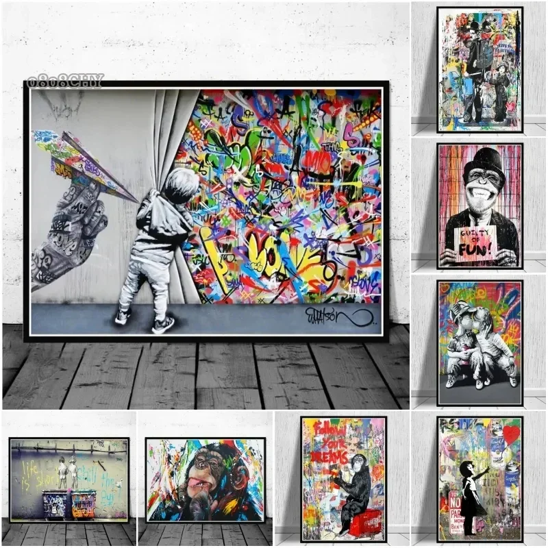 Canvas Wall Art Painting Abstract Banksy Graffiti Art Picture Funny Monkey Street Pop Wall Art Posters for Home Bedroom Decor