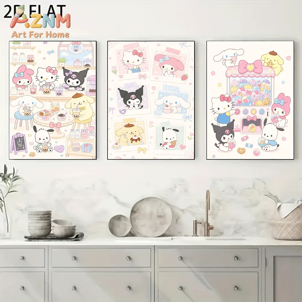 AZNM Sanrio Characters Canvas Wall Art Unframed Cute Cartoon Print Poster Hello Kitty Kuromi My Melody Cinnamoroll Sweet Candy S