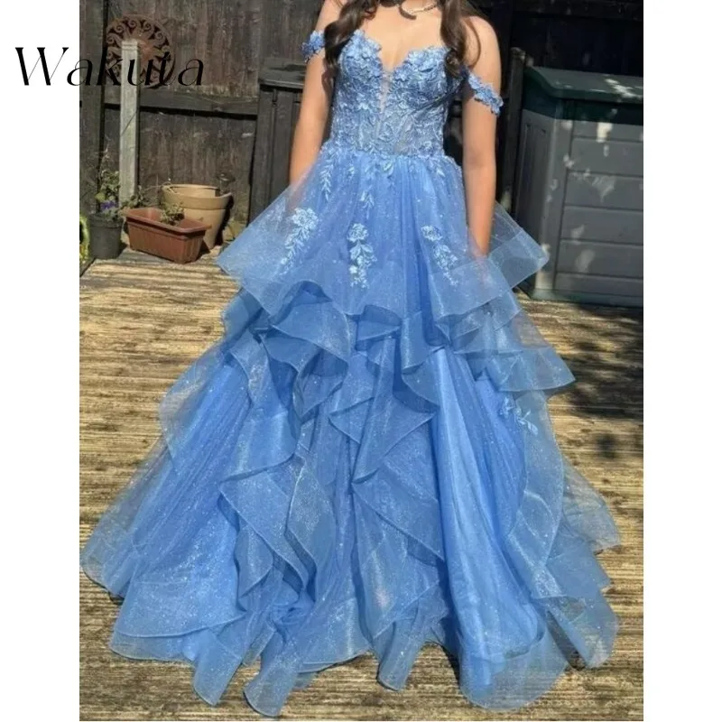 Wakuta Classic Tulle Sparkly Long Prom Dress Spaghetti Straps Laces Appliques Ball Gown Tiered Ruffle Sweet Vestidos De Madrina