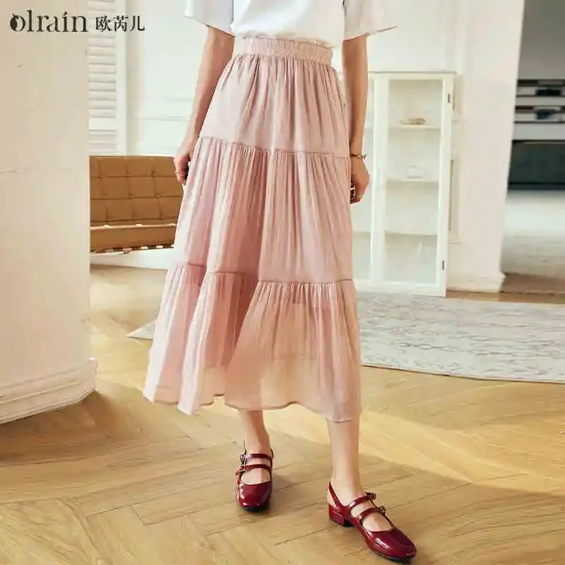 

OLrain Maxi Spliced Pleated Skirt Elegant 2025 Summer Sweet Style A-line Loose Skirts High-waist Long Female Skirt O23XB80892