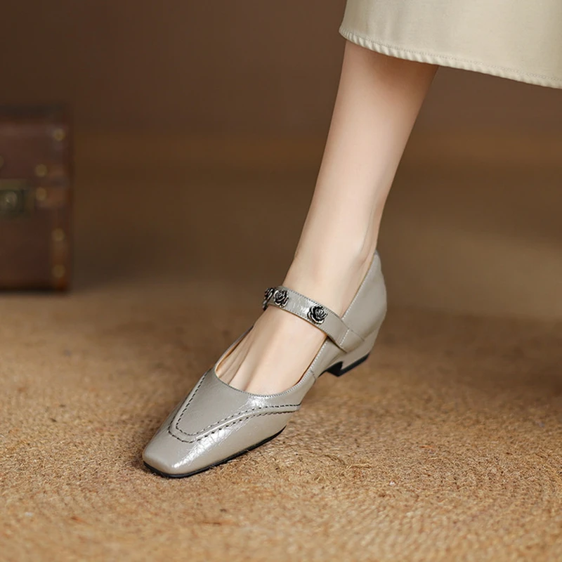 

NEW Spring/Autumn Women Pumps Square Toe Chunky Heel Shoes Genuine Leather Shoes for Women Shallow Metal Buckle Strap Mary Janes