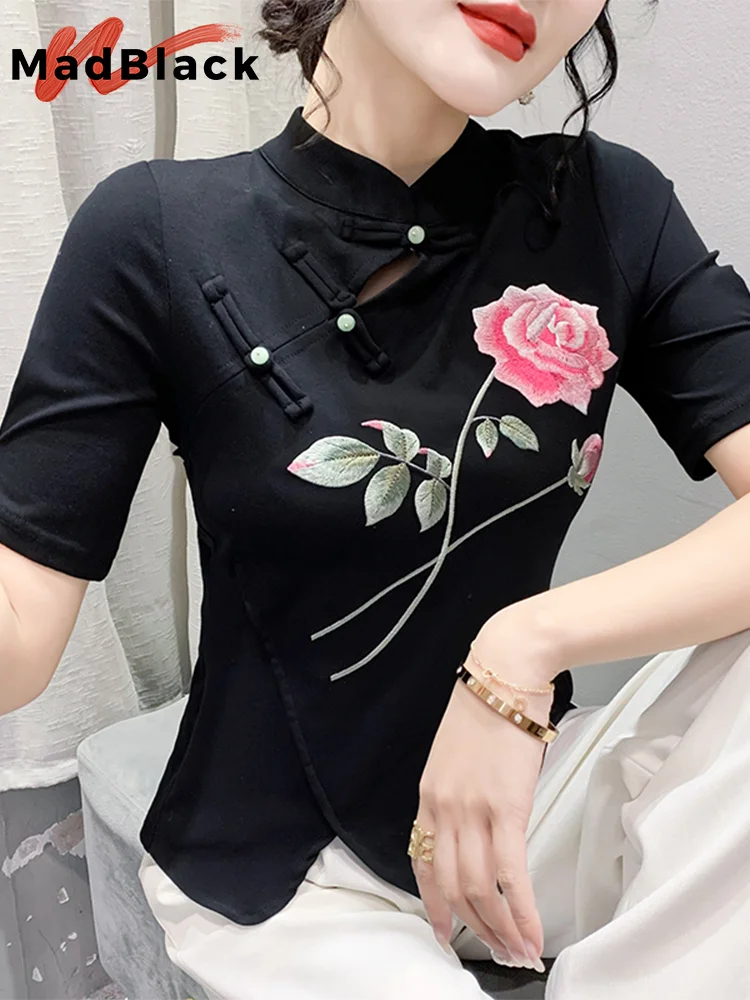 

MadBlack Summer European Clothes T-Shirt Women Sexy Embroidery Flower Beaded Slim Shiny Elastic Cotton Tops Short Sleeve T34854M