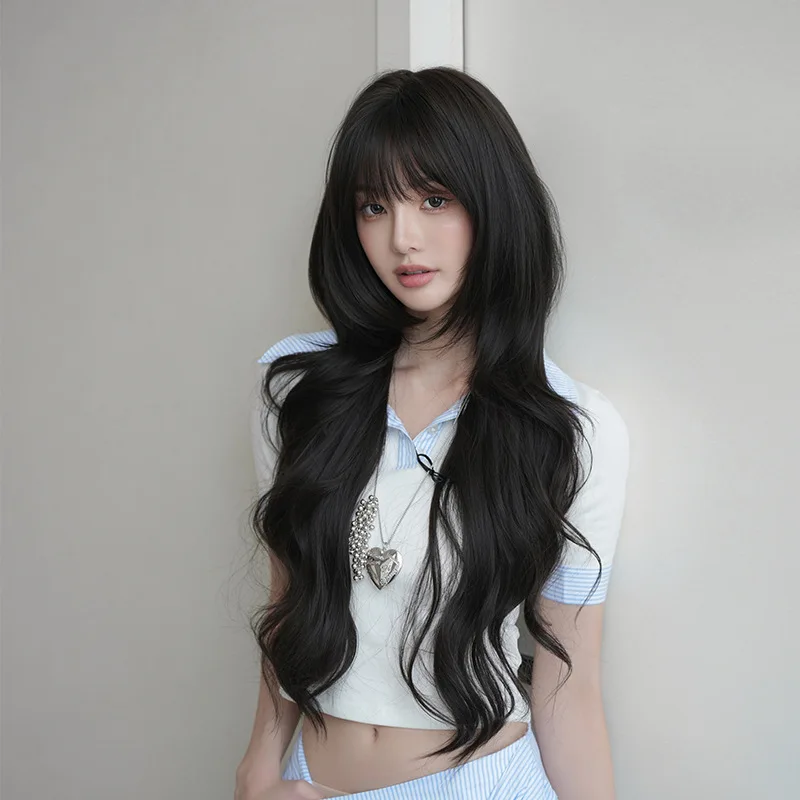 Women's long curly black wavy synthetic wig, -quality high-temperature fiber, popular online style