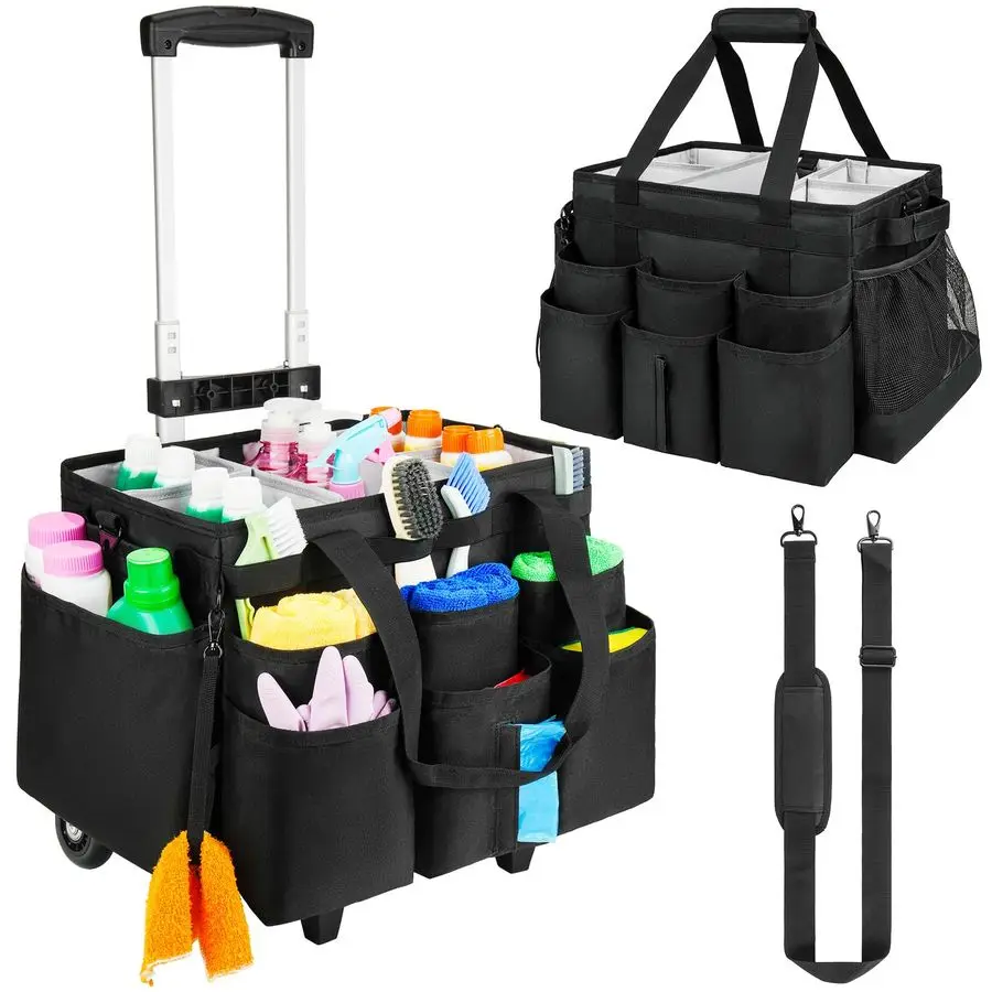 

Rolling Cleaning Caddy Bag with Detachable Trolley,Cleaning Cart on Wheels with Shoulder Strap,Cleaning Supplies Organizer for H